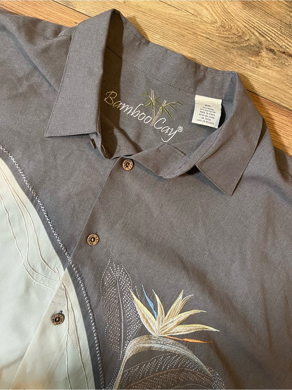 Bamboo Cay Mens Button Up Shirt XXL Gray/Cream Short Sleeve Hawaiian Cruise